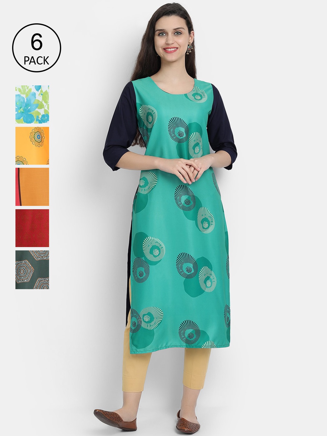 

1 Stop Fashion Women Pack Of 6 Digital Printed Straight Kurtas, Multi
