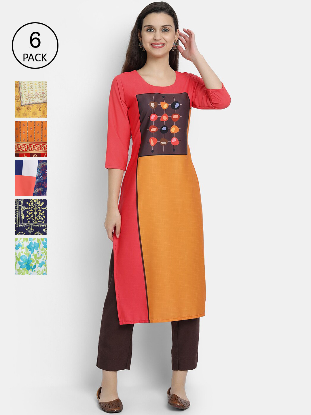 

1 Stop Fashion Women Pack Of 6 Digital Printed Straight Kurtas, Multi