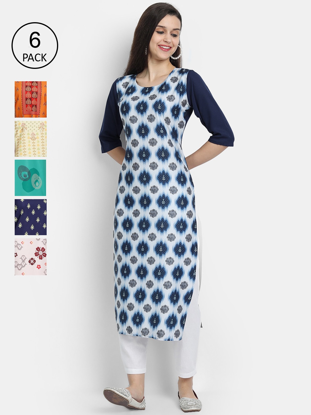 

1 Stop Fashion Women Pack Of 6 Digital Printed Straight Kurtas, Multi