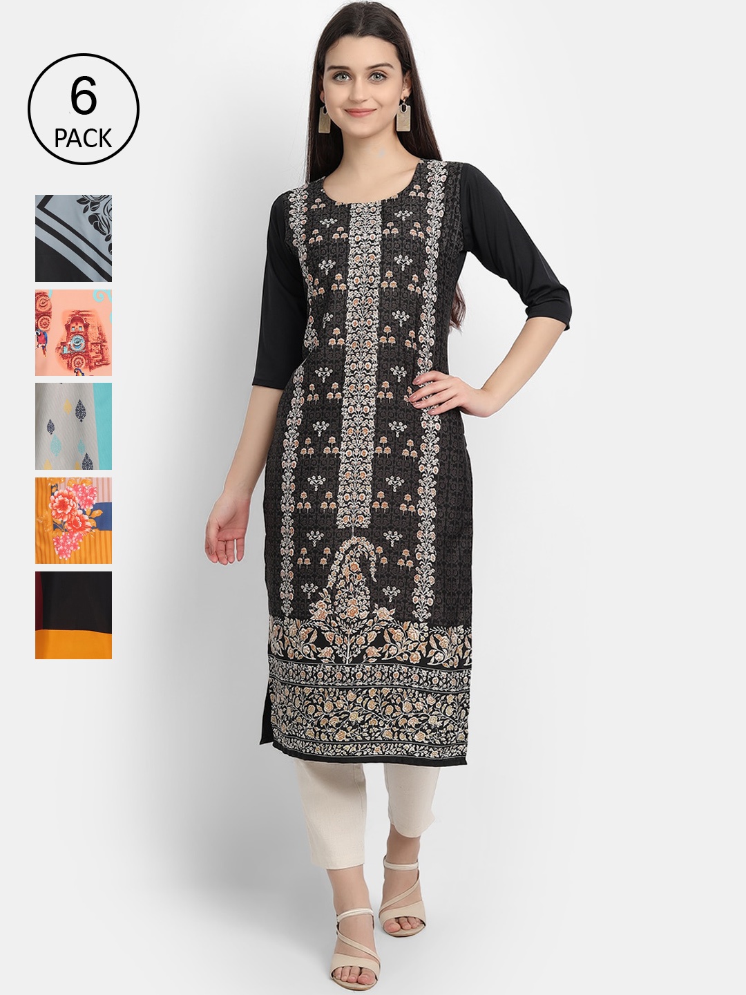

1 Stop Fashion Women Pack Of 6 Digital Printed Straight Kurtas, Multi