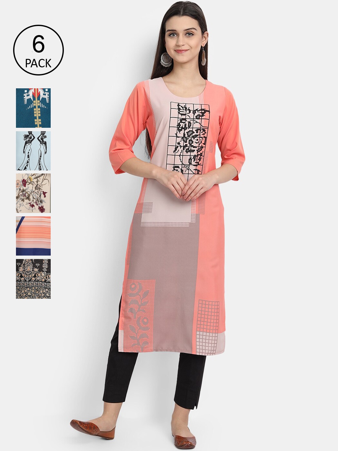 

1 Stop Fashion Women Pack Of 6 Digital Printed Straight Kurtas, Multi