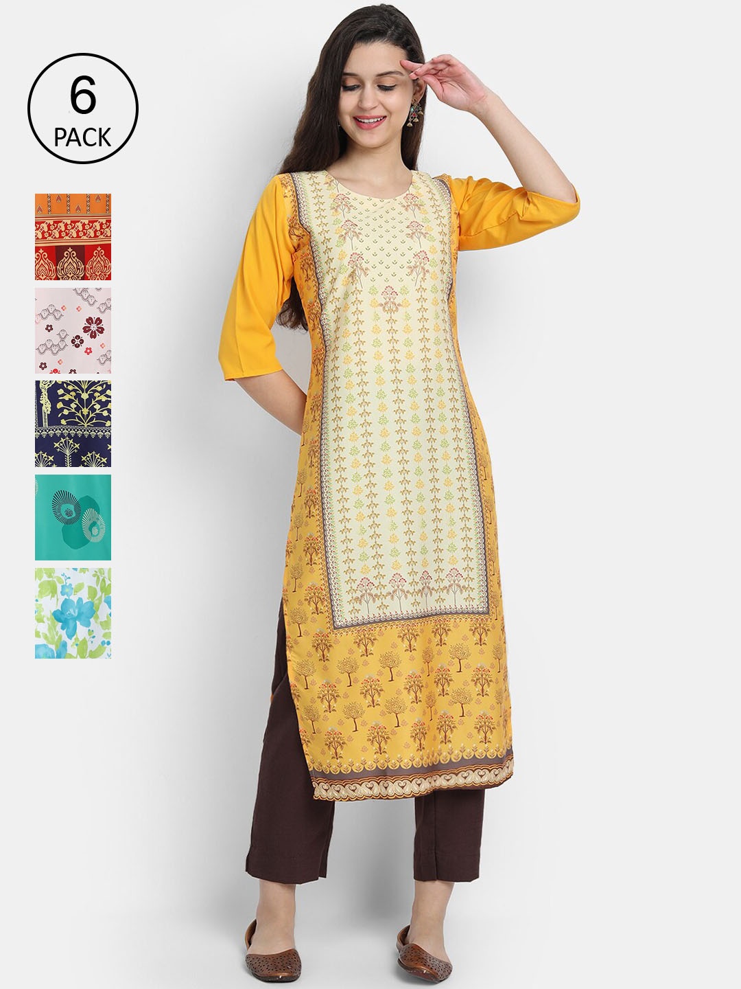 

1 Stop Fashion Women Pack Of 6 Digital Printed Straight Kurtas, Multi