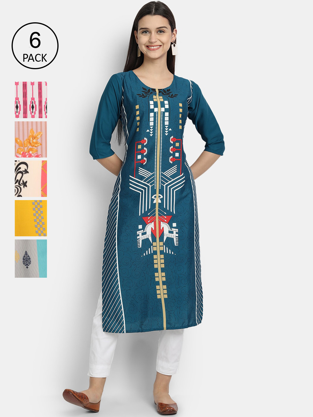 

1 Stop Fashion Women Multicoloured Geometric Striped Flared Sleeves Thread Work Crepe Kurta, Multi
