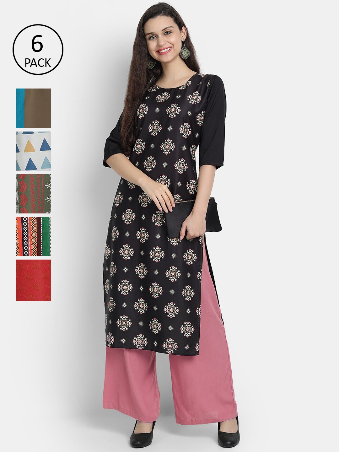 

1 Stop Fashion Women Pack Of 6 Kurtas, Black