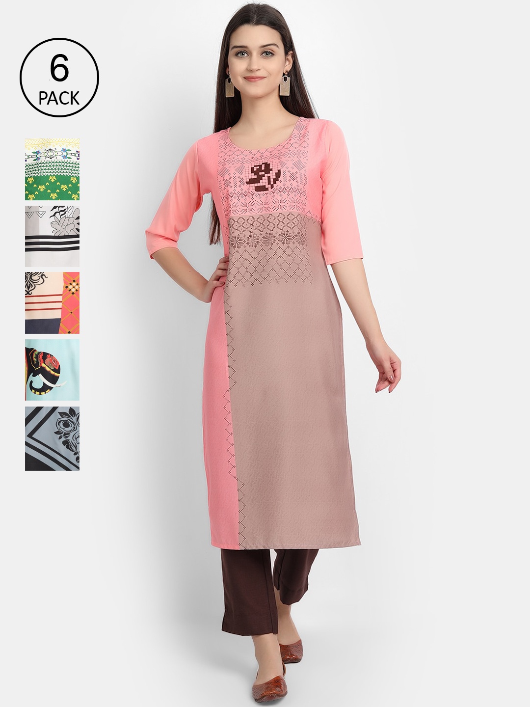 

1 Stop Fashion Women Pack Of 6 Digital Printed Straight Kurtas, Multi