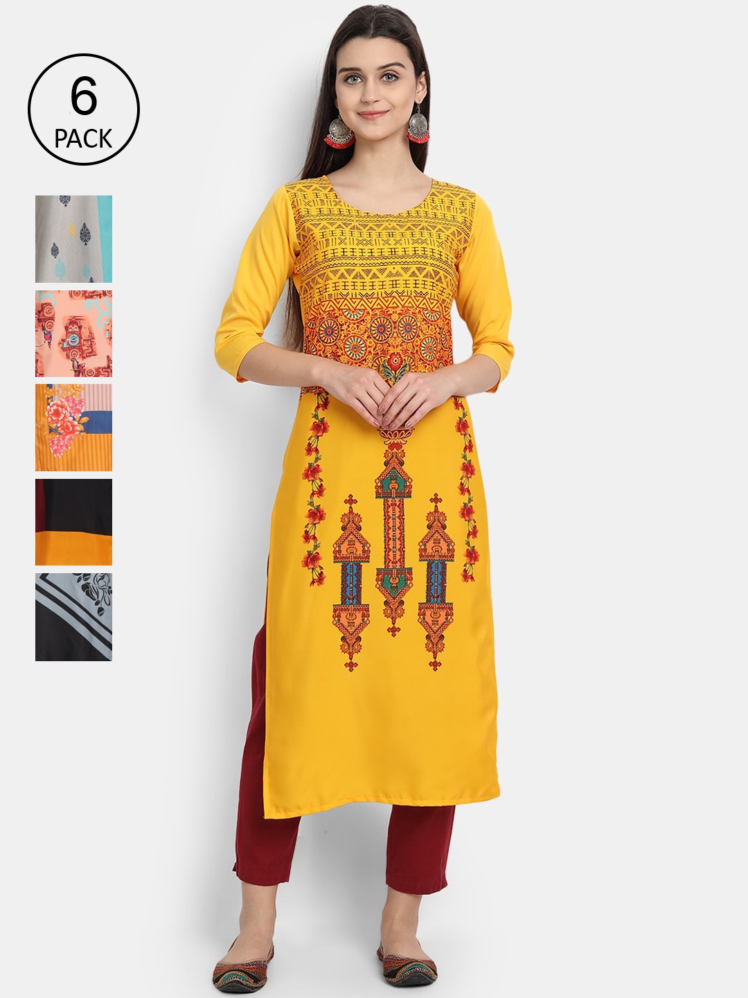 

1 Stop Fashion Women Pack Of 6 Digital Printed Straight Kurtas, Multi