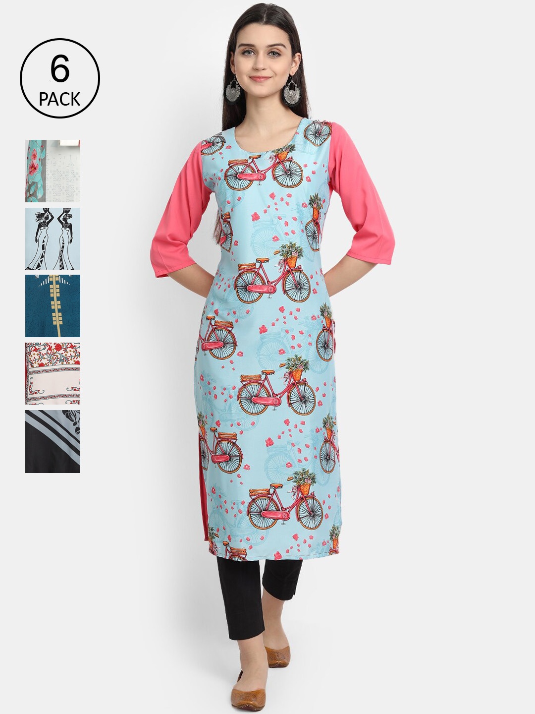 

1 Stop Fashion Women Multicoloured Geometric Striped Flared Sleeves Thread Work Crepe Kurta, Multi