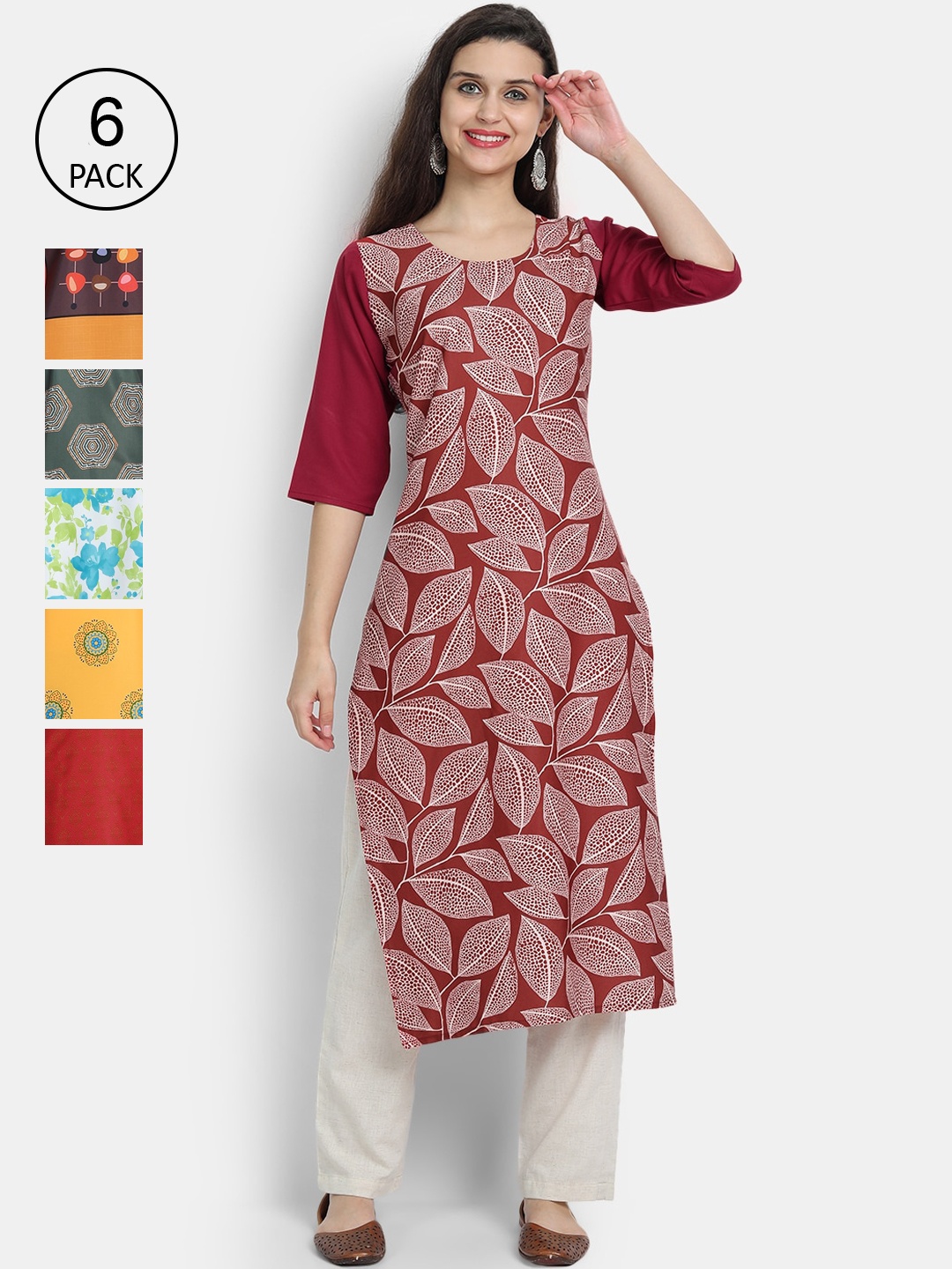 

1 Stop Fashion Women Multicoloured & claret Printed Flared Sleeves Mirror Work Crepe Kurta, Multi