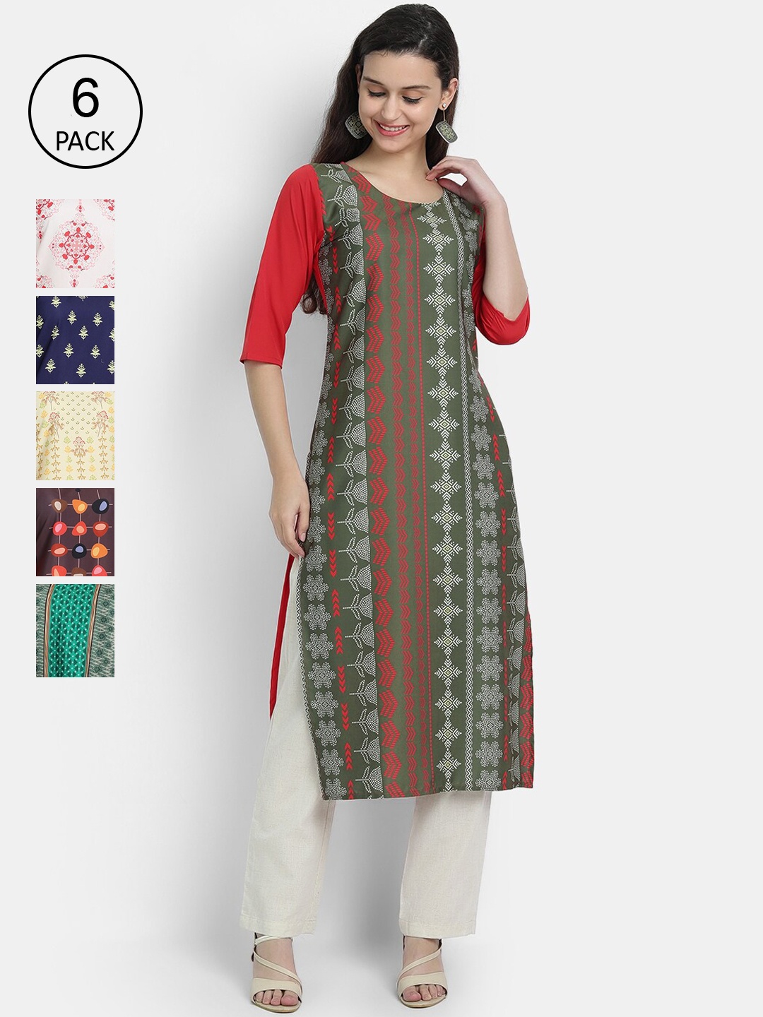 

1 Stop Fashion Women Pack Of 6 Digital Printed Straight Kurtas, Multi
