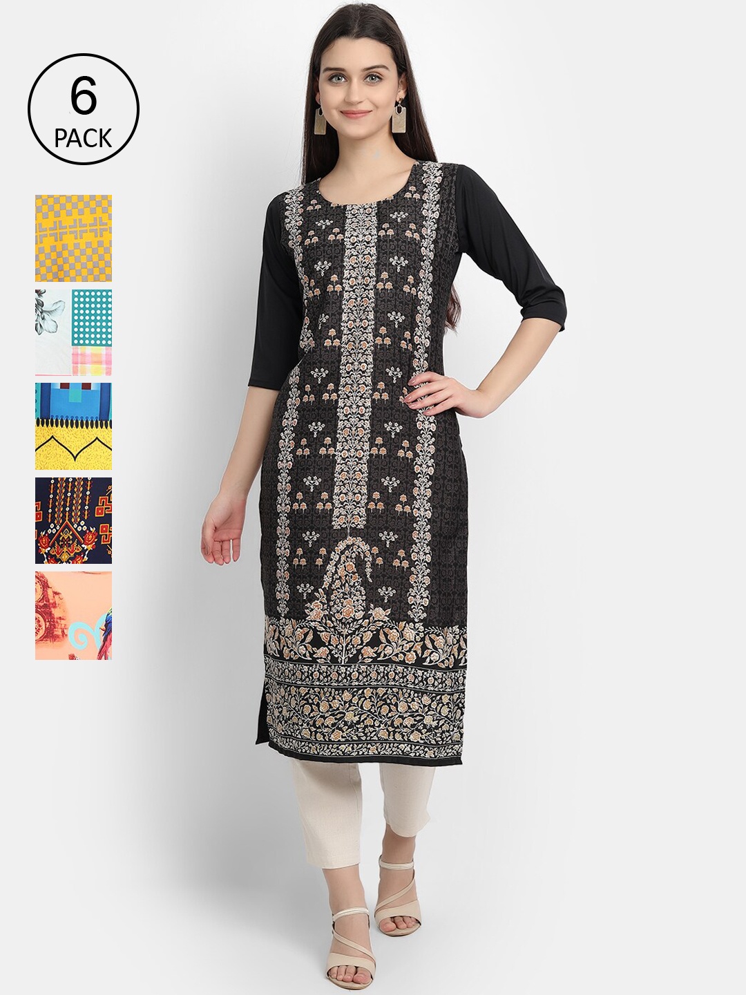 

1 Stop Fashion Women Pack Of 6 Digital Printed Straight Kurtas, Multi