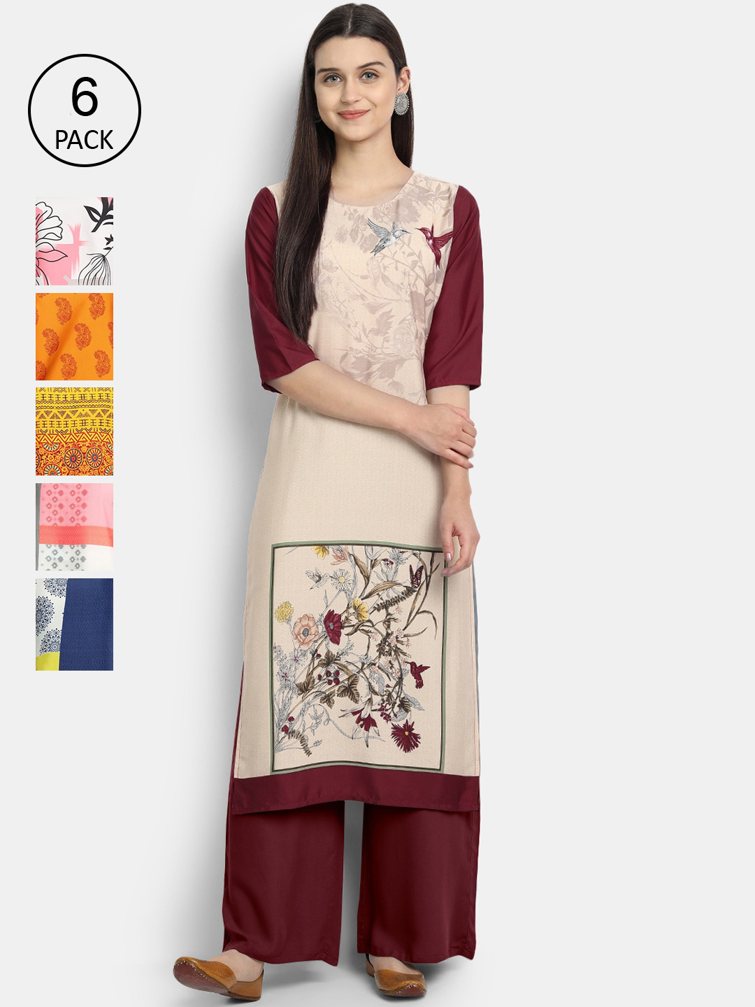 

1 Stop Fashion Women Pack Of 6 Kurtas, Beige