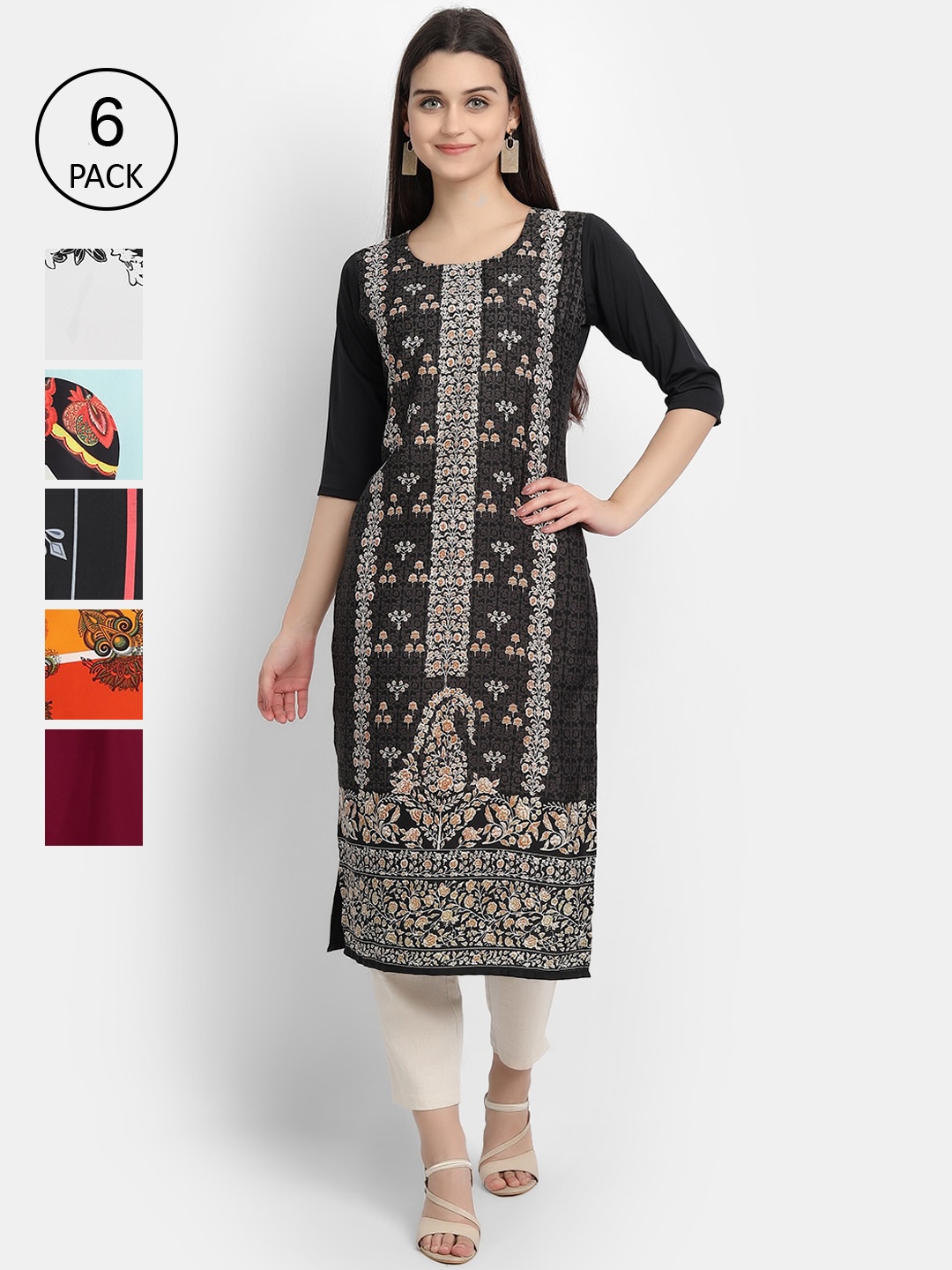 

1 Stop Fashion Women Pack Of 6 Kurtas, Black