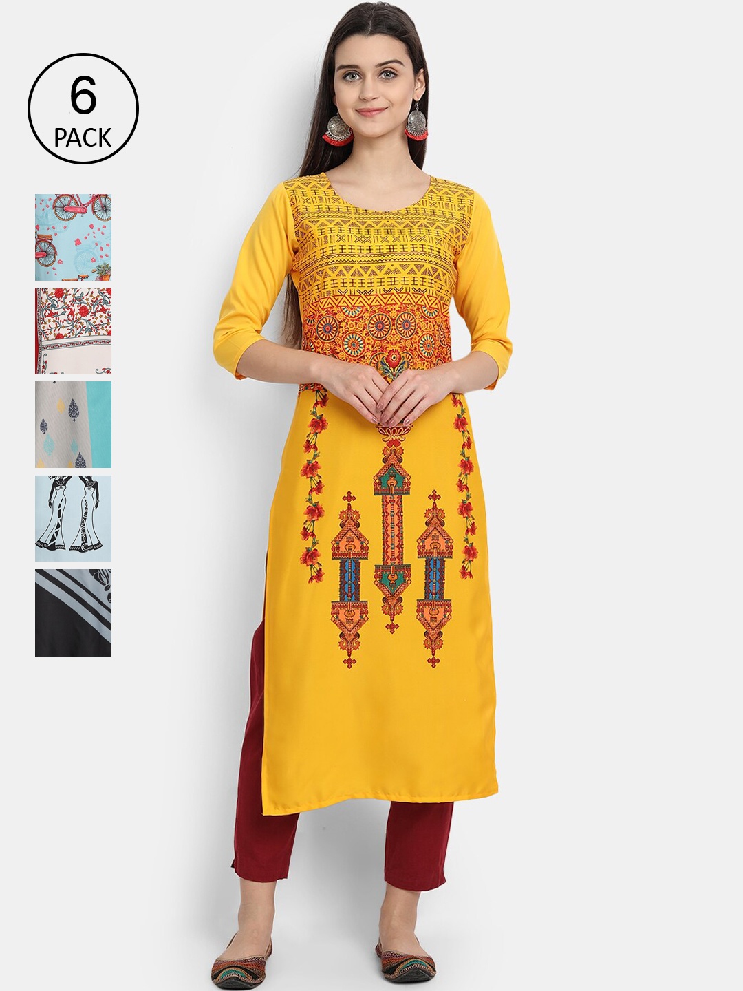 

1 Stop Fashion Women Pack Of 6 Digital Printed Straight Kurtas, Multi