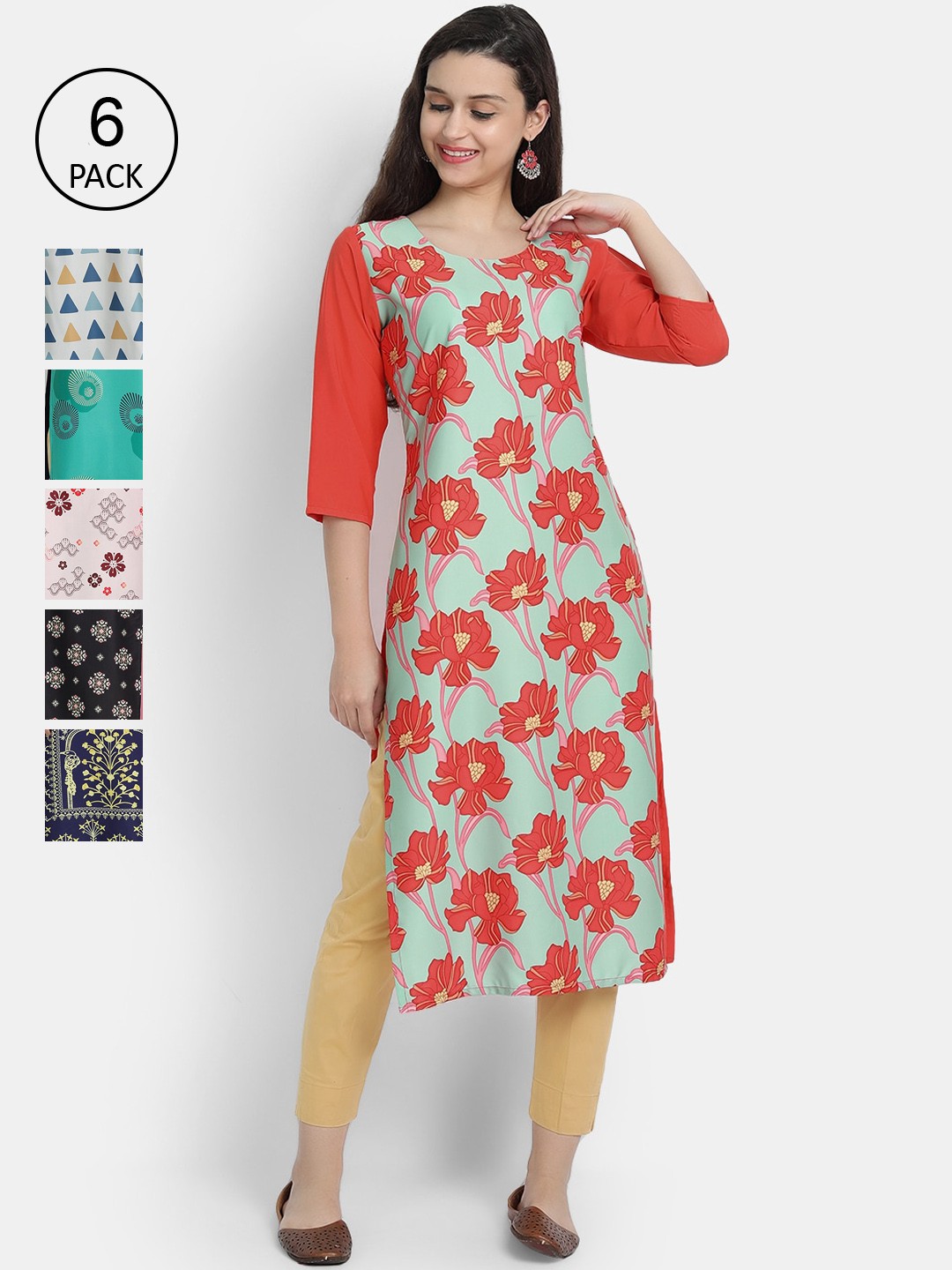 

1 Stop Fashion Women Pack Of 6 Digital Printed Straight Kurtas, Red