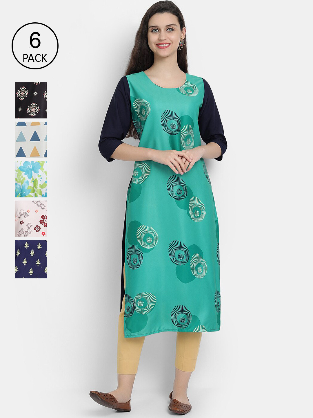 

1 Stop Fashion Women Pack Of 6 Digital Printed Straight Kurtas, Multi
