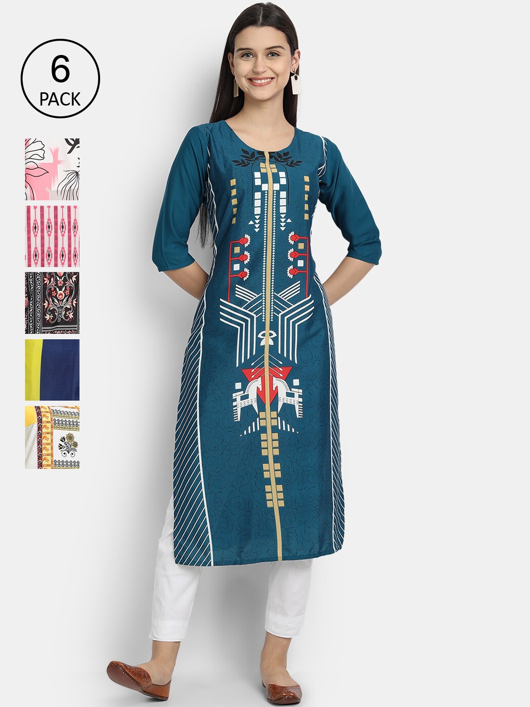 

1 Stop Fashion Women Multicoloured Geometric Striped Flared Sleeves Thread Work Crepe Kurta, Multi