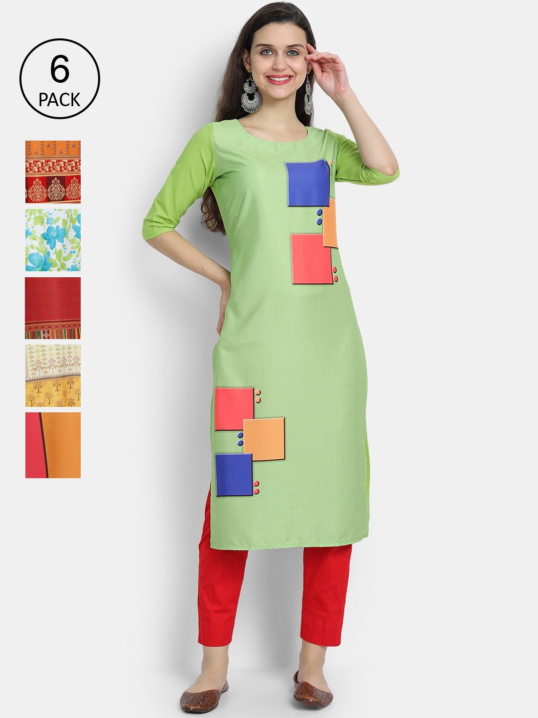 

1 Stop Fashion Women Multicoloured & pistachio green Colourblocked Thread Work Crepe Kurta, Multi