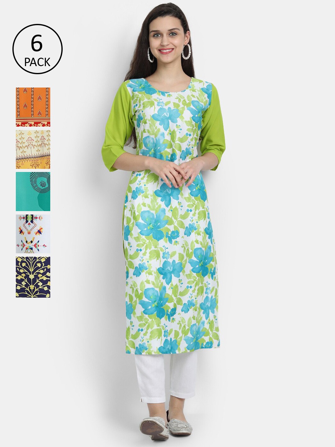 

1 Stop Fashion Women Pack Of 6 Digital Printed Straight Kurtas, Multi
