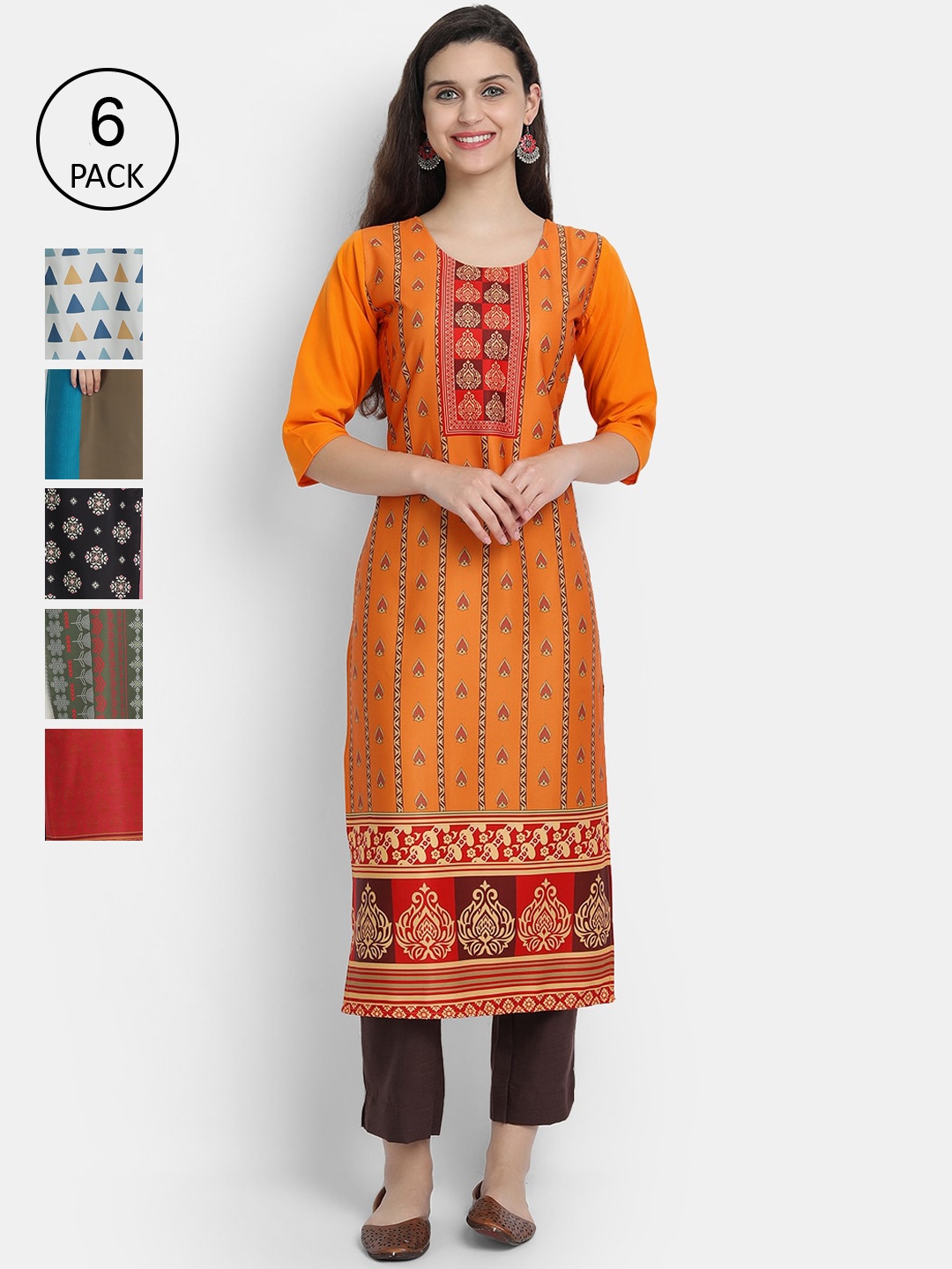 

1 Stop Fashion Women Multicoloured & orange ochre Ethnic Motifs Printed Patchwork Crepe Kurta, Multi