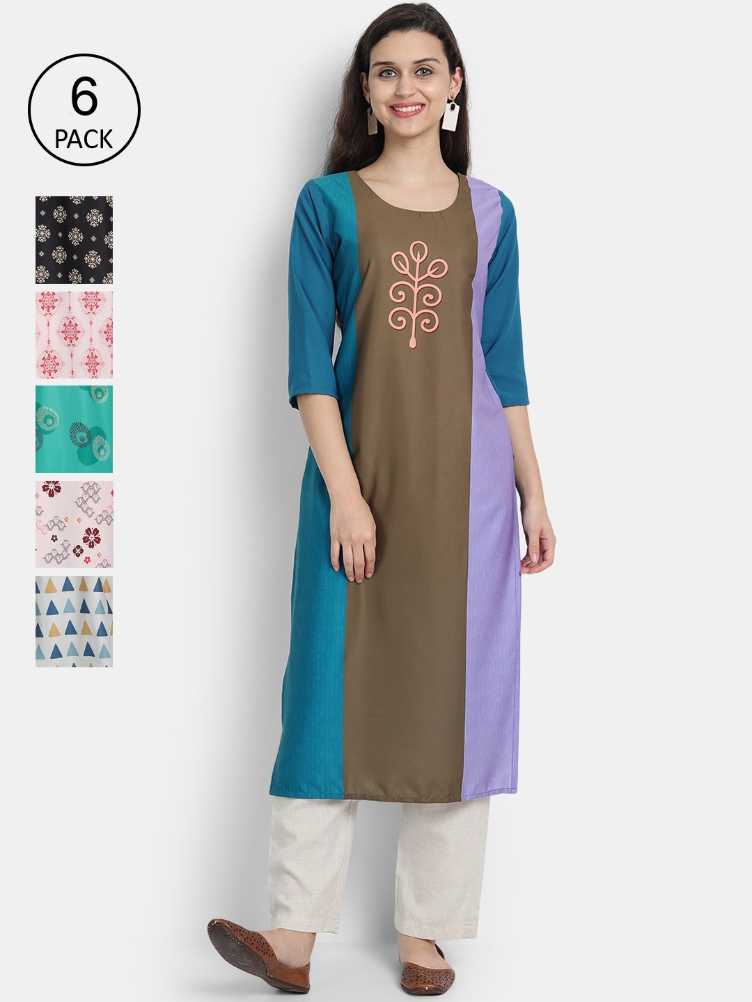 

1 Stop Fashion Women Multicoloured Floral Embroidered Keyhole Neck Mirror Work Crepe Kurta, Multi