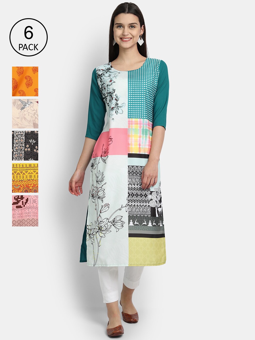 

1 Stop Fashion Women Pack Of 6 Digital Printed Straight Kurtas, Multi
