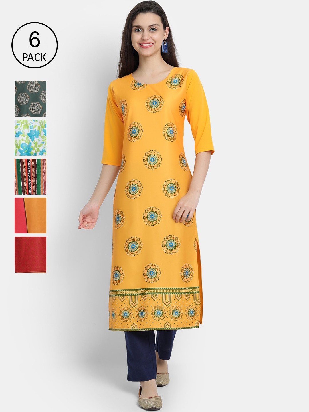 

1 Stop Fashion Women Pack Of 6 Digital Printed Straight Kurtas, Multi