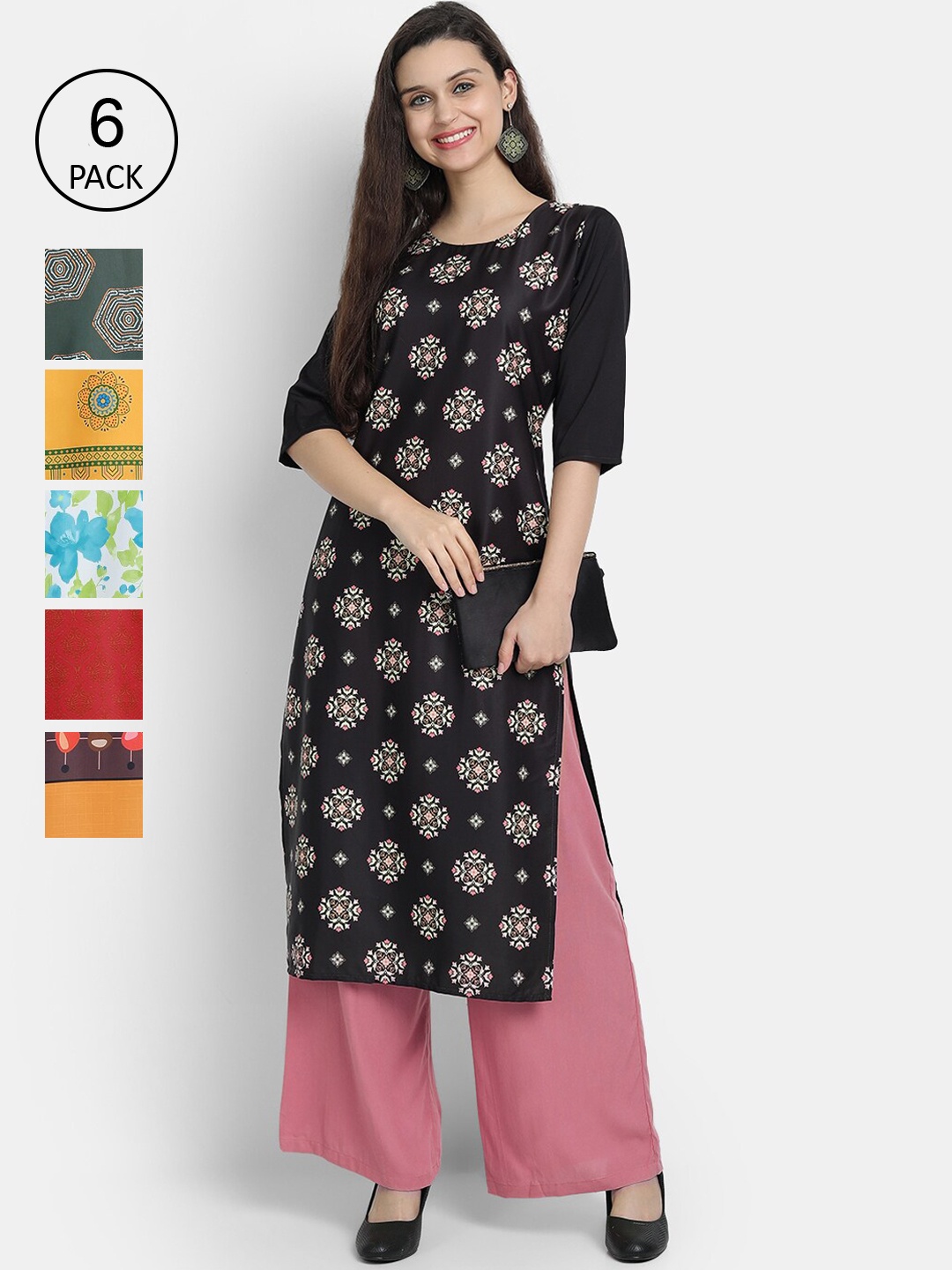 

1 Stop Fashion Women Pack Of 6 Digital Printed Straight Kurtas, Black