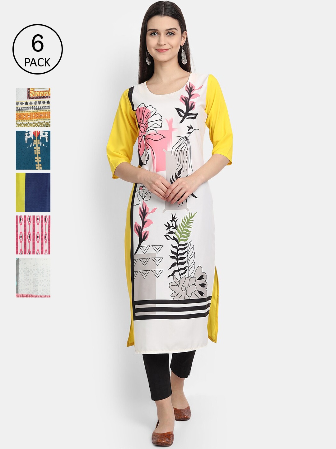 

1 Stop Fashion Women Pack Of 6 Digital Printed Straight Kurtas, Multi