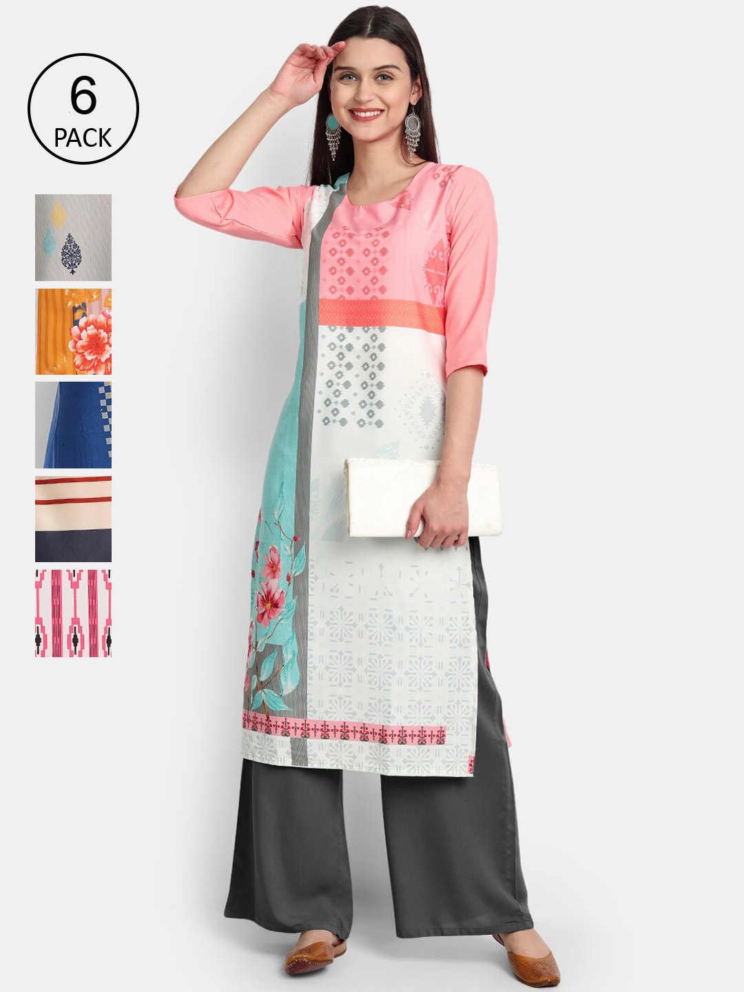 

1 Stop Fashion Women Pack Of 6 Digital Printed Straight Kurtas, Green