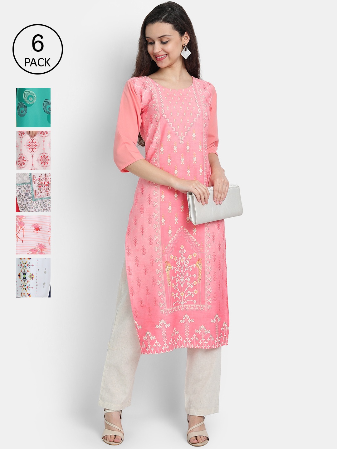 

1 Stop Fashion Women Pack Of 6 Digital Printed Straight Kurtas, Multi