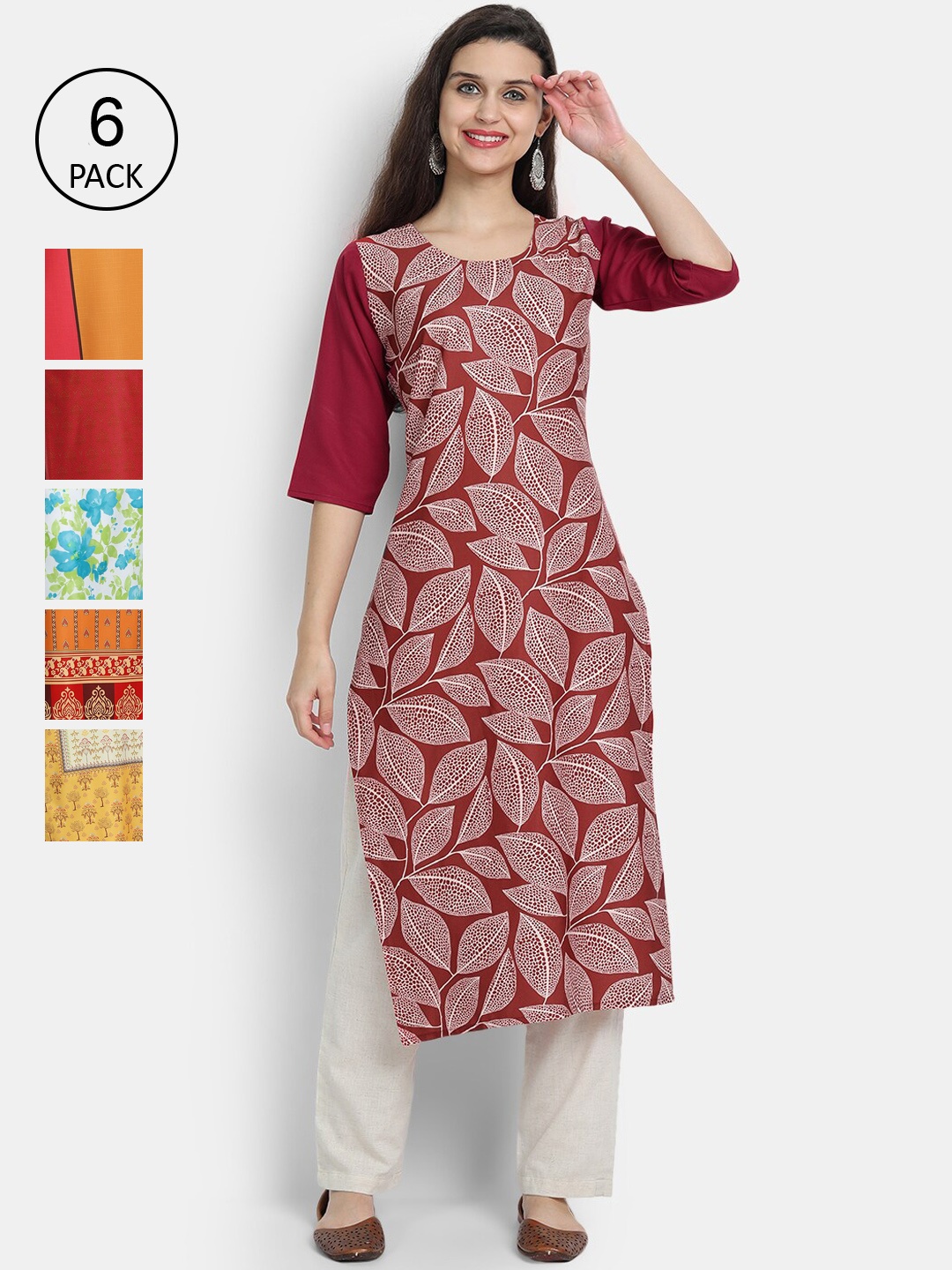 

1 Stop Fashion Women Pack Of 6 Digital Printed Straight Kurtas, Multi