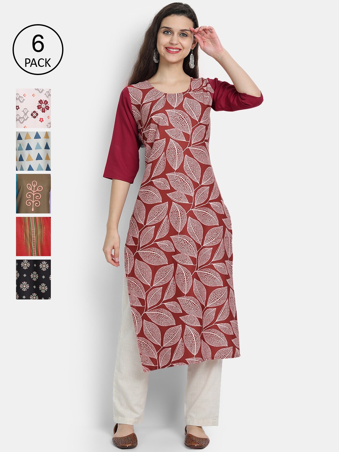 

1 Stop Fashion Women Pack Of 6 Digital Printed Crepe Straight Kurta, Multi
