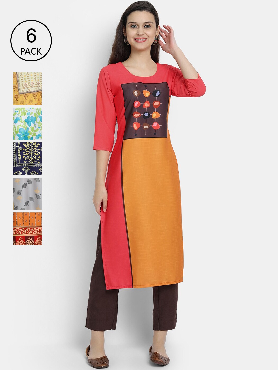

1 Stop Fashion Women Pack Of 6 Digital Printed Straight Kurtas, Multi