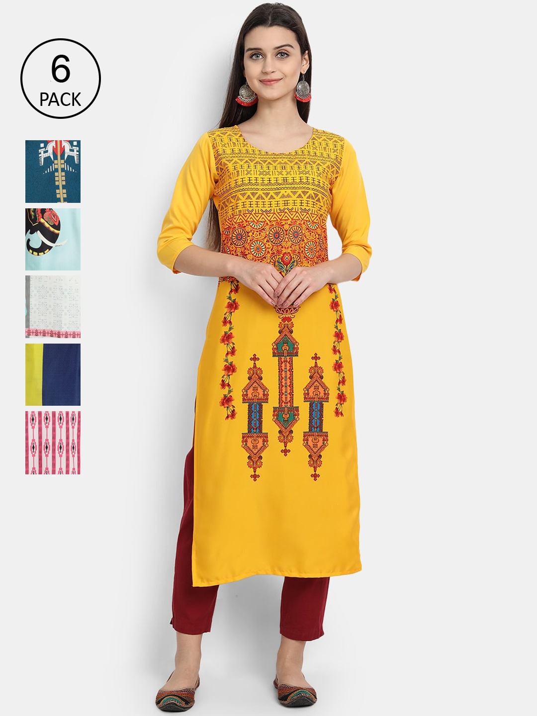 

1 Stop Fashion Women Pack Of 6 Digital Printed Crepe Straight Kurta, Multi