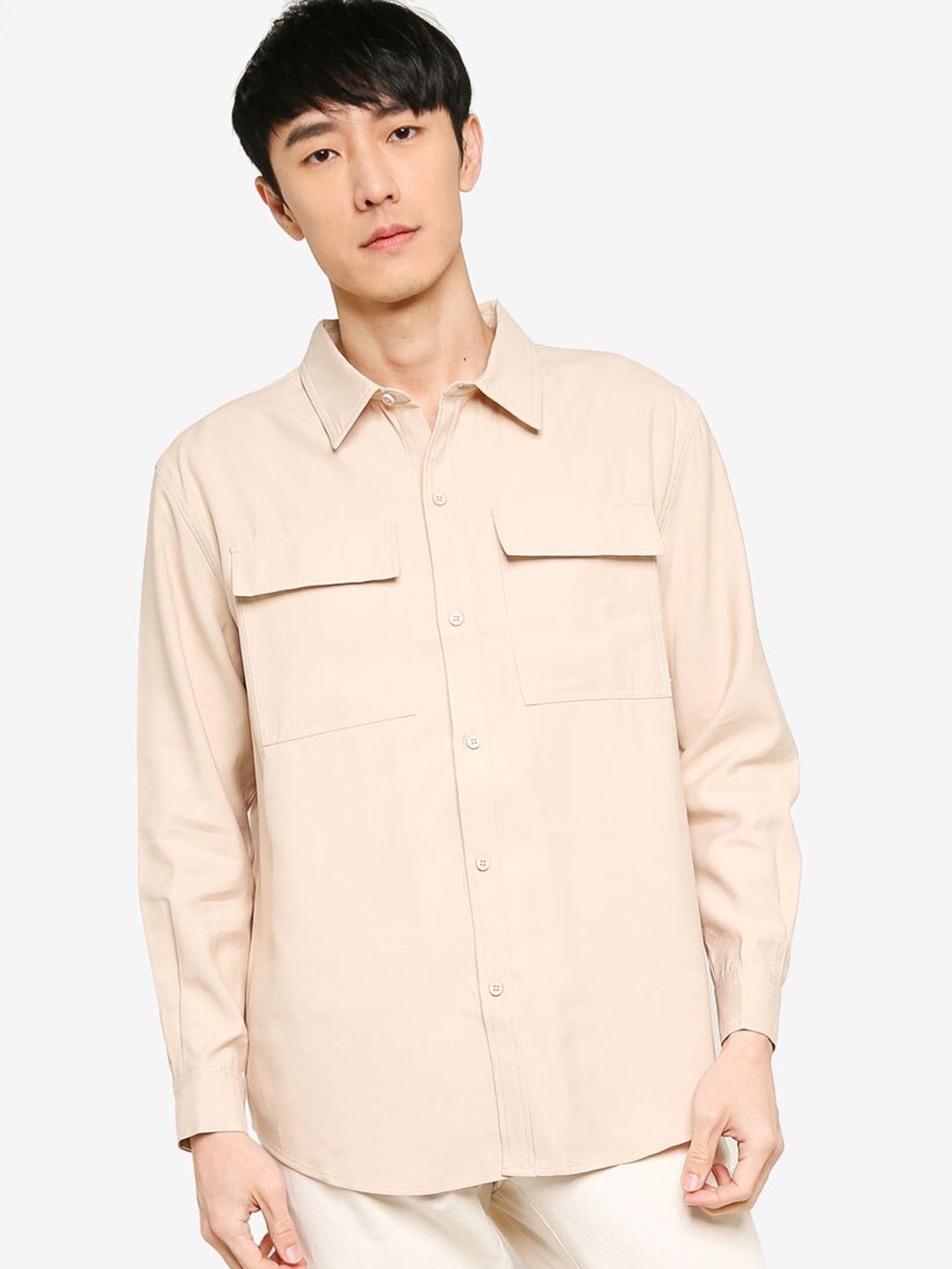 

ZALORA BASICS Men Pink Solid Oversized Duo Pocket Utility Shirt