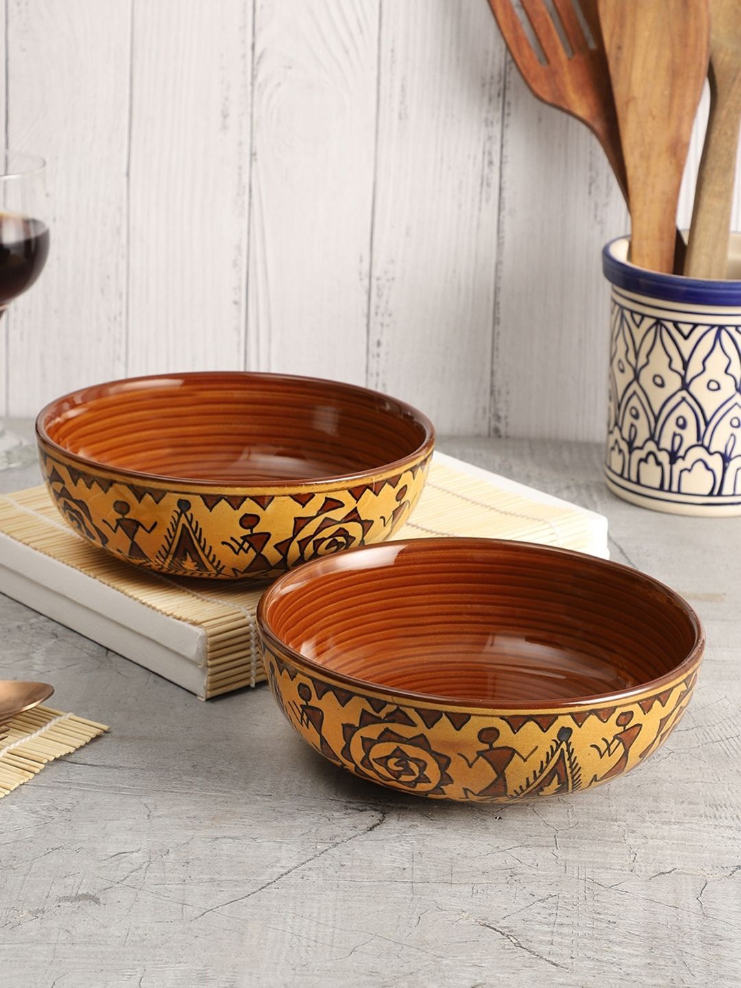 VarEesha Brown & Yellow Handcrafted & Printed Ceramic Glossy Bowls- 2 Pieces