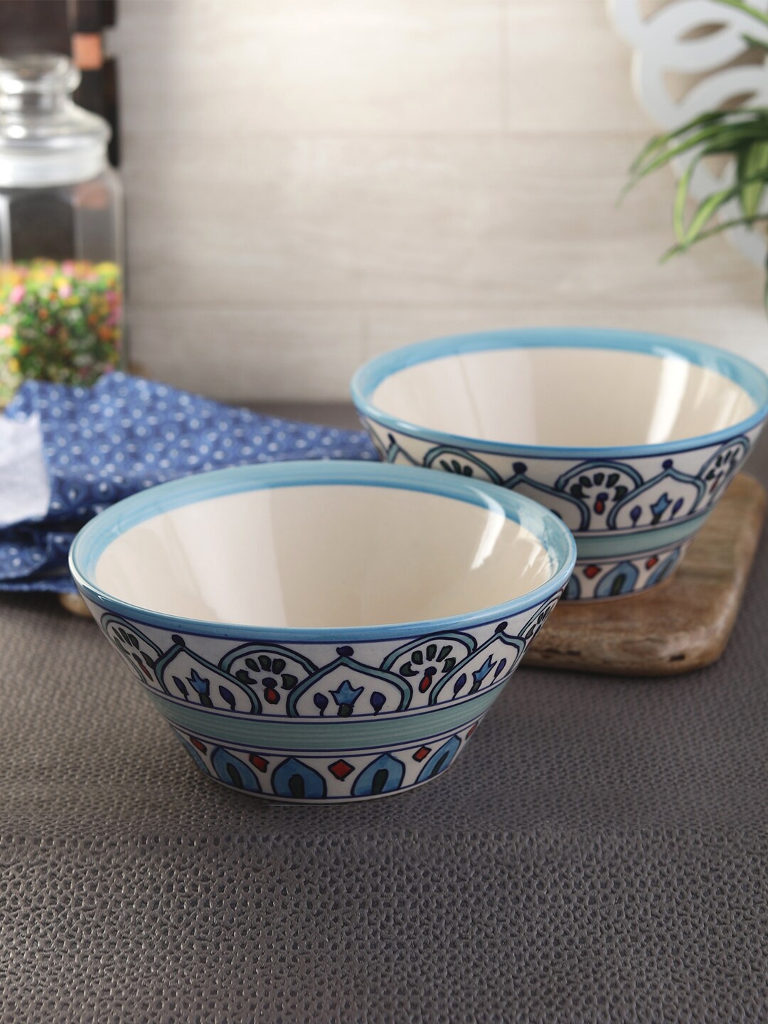 VarEesha Blue & Cream-Coloured 2 Pieces Handcrafted and Hand Painted Ceramic Glossy Bowls