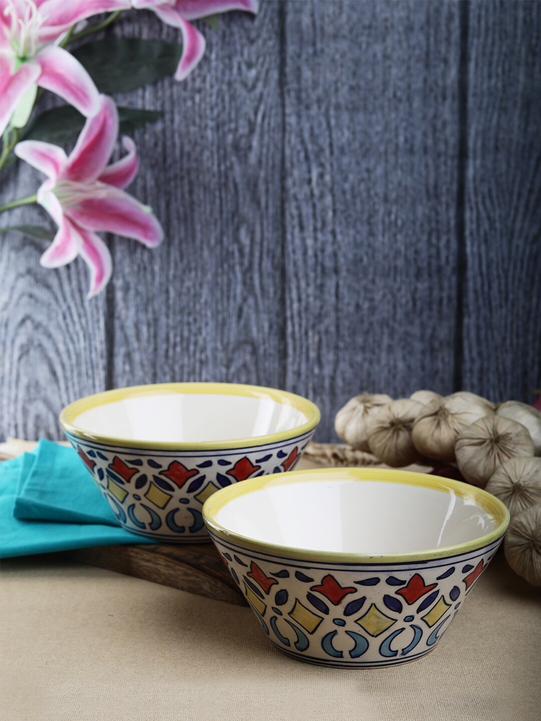 VarEesha White & Yellow 2 Pieces Handcrafted and Hand Painted Printed Ceramic Glossy Bowls