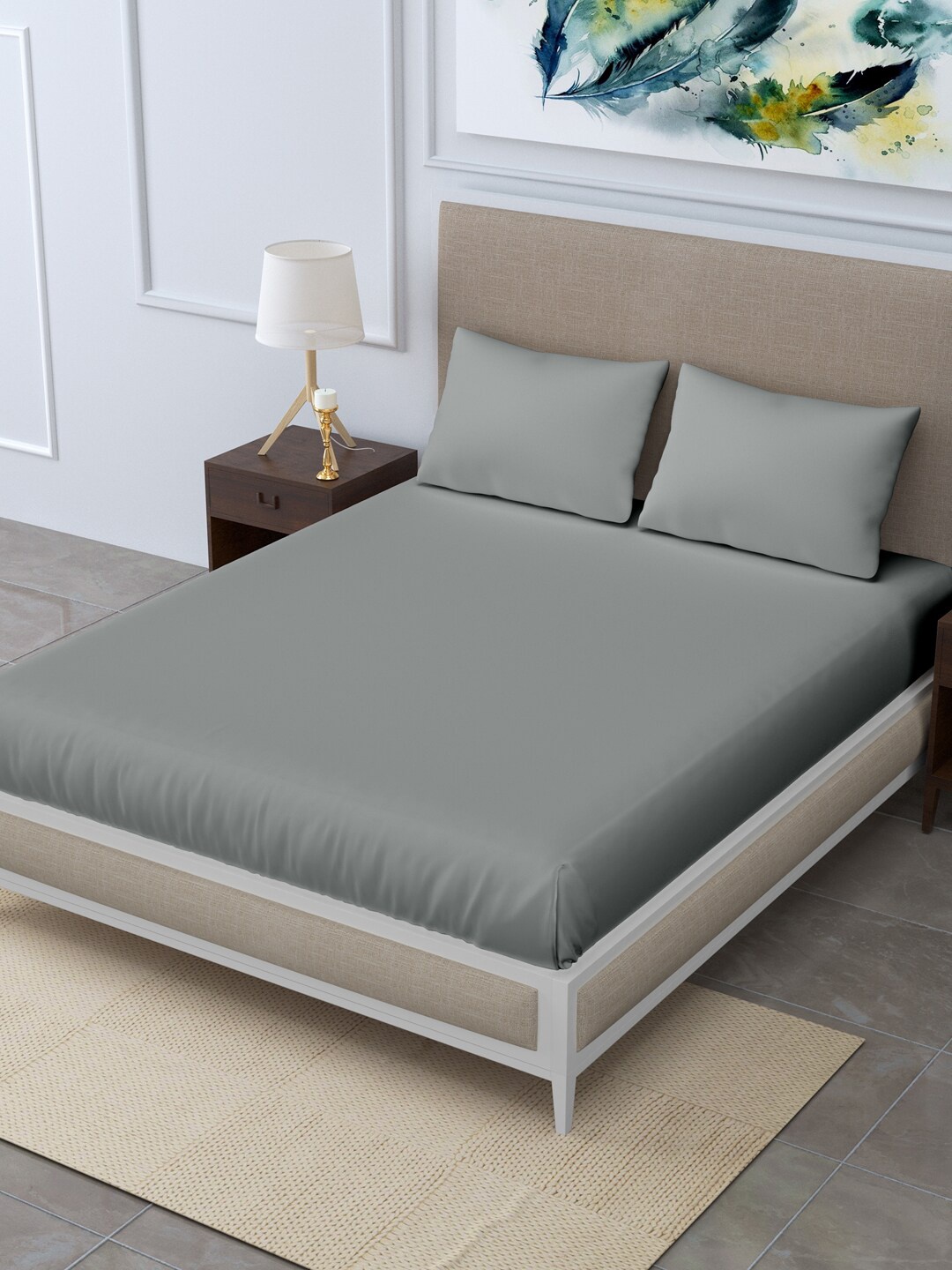 

LINENWALAS Happy Sleeping Silver-Toned 300 TC King Bedsheet with 2 Pillow Covers