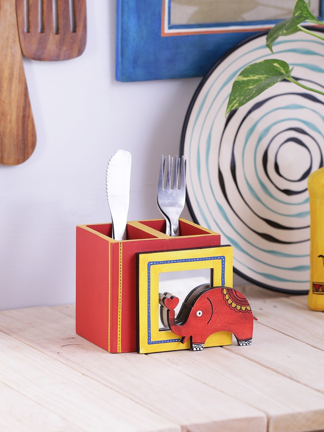 

VarEesha Red & Yellow Elephant Small Wooden Cutlery Holder
