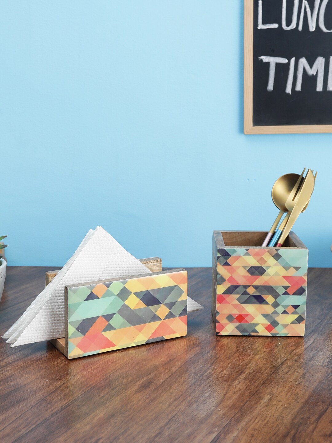 

VarEesha Set Of 2 Yellow & Green Printed Wood Napkin and Spoon Holder