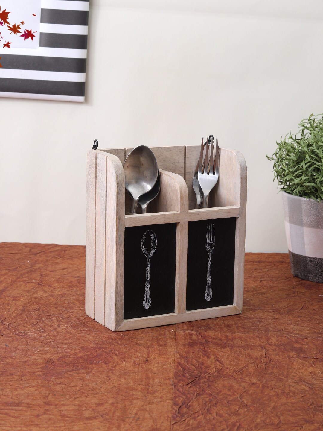 

VarEesha Brown & Black Printed Wooden Wall Spoon Holder, Beige