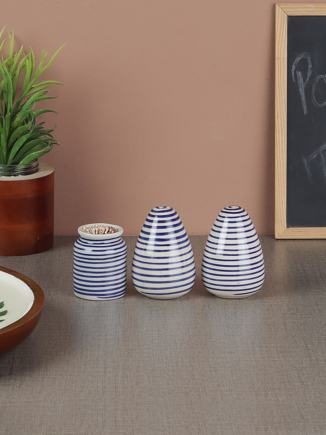 

VarEesha Blue & White Striped Salt N Pepper With Toothpick Holder