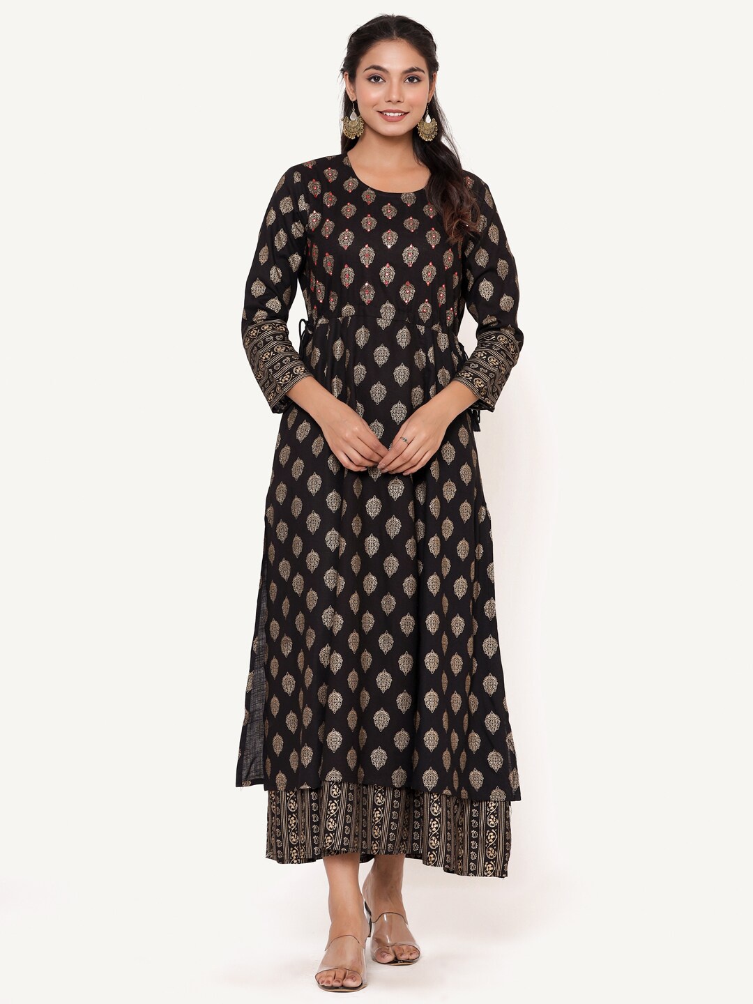 

ANAISA Black & Gold-Toned Ethnic Motifs Mirror Work Layered Ethnic Maxi Dress