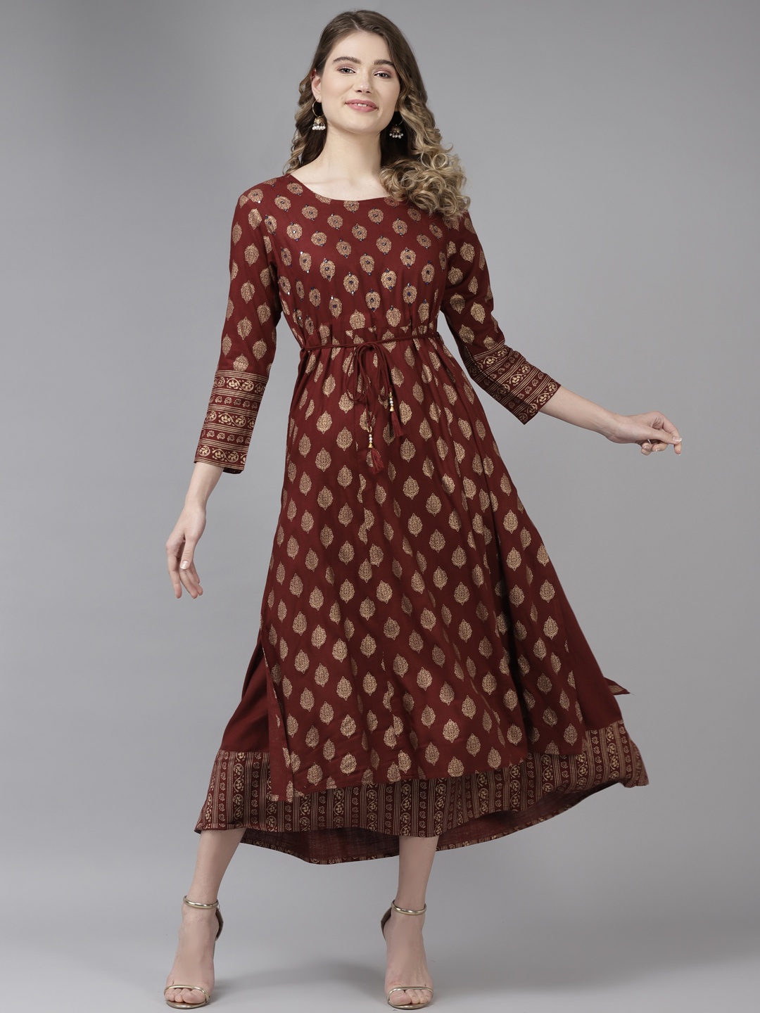 

ANAISA Maroon & Gold-Toned Ethnic Motifs Print Mirror Work Layered Maxi Dress