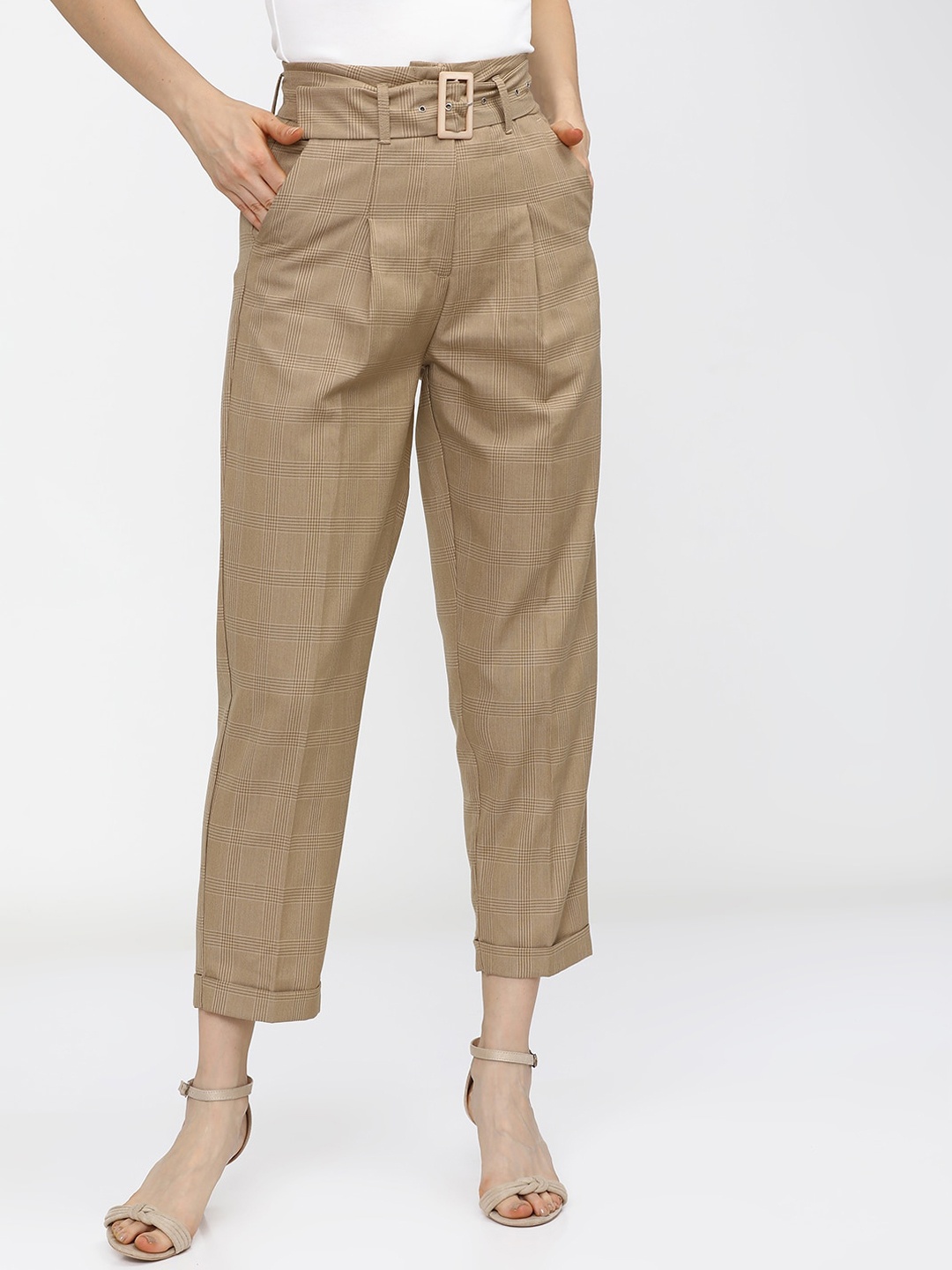 

CHIC BY TOKYO TALKIES Women Beige Checked Pleated Trousers