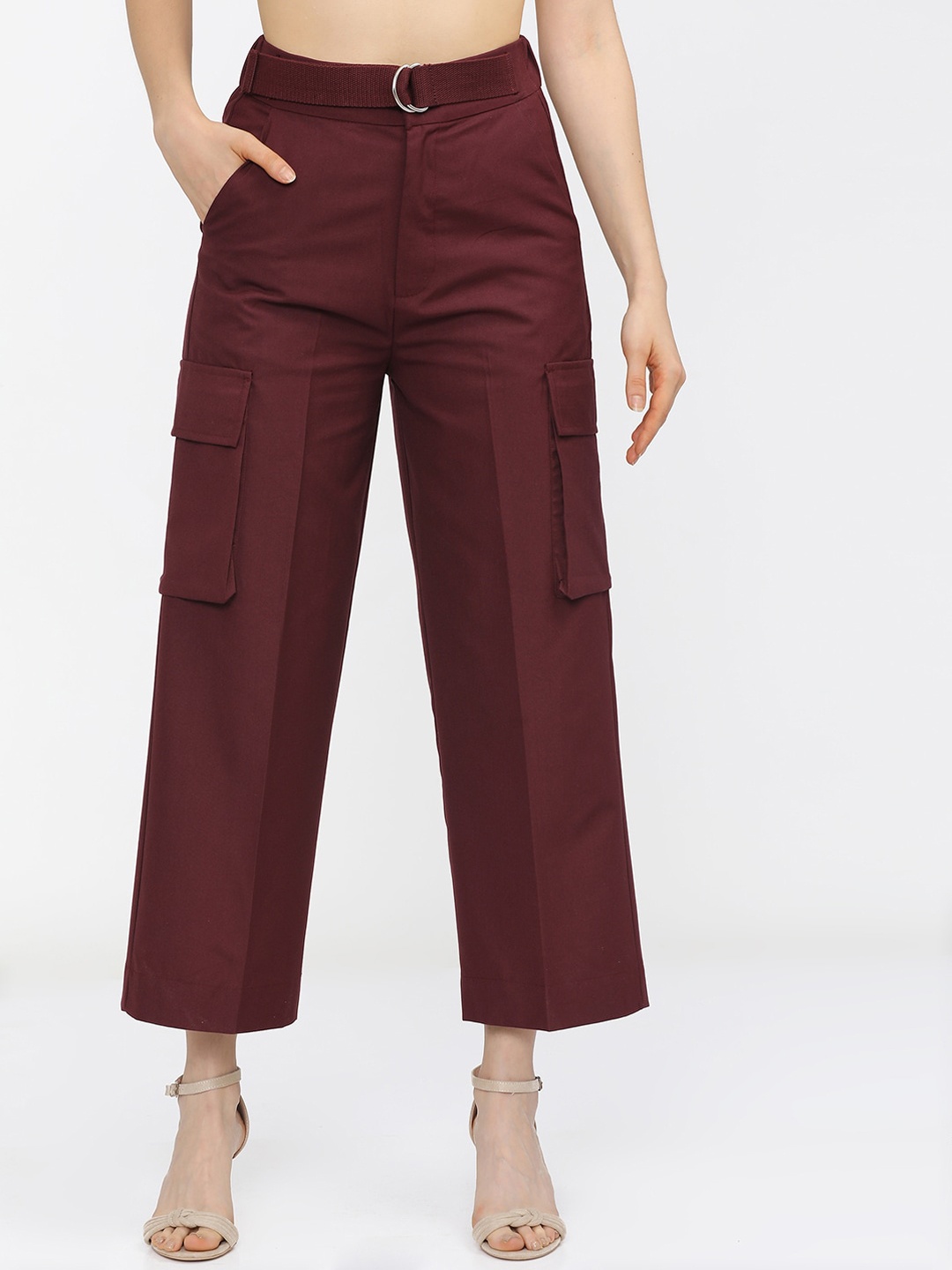 

Tokyo Talkies Women Burgundy Straight Fit Cargos Trousers