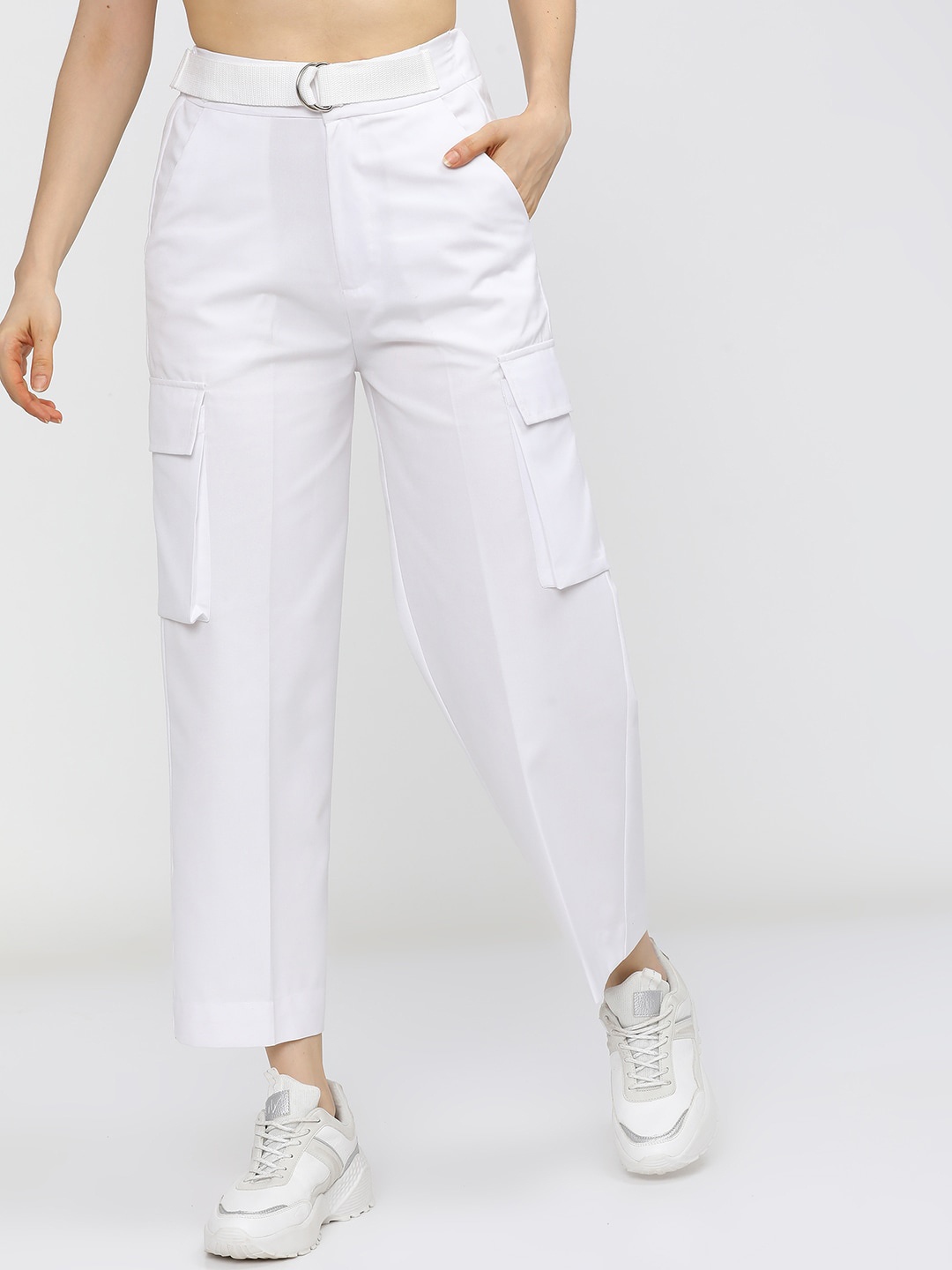 

Tokyo Talkies Women White Straight Fit Cargos Trousers