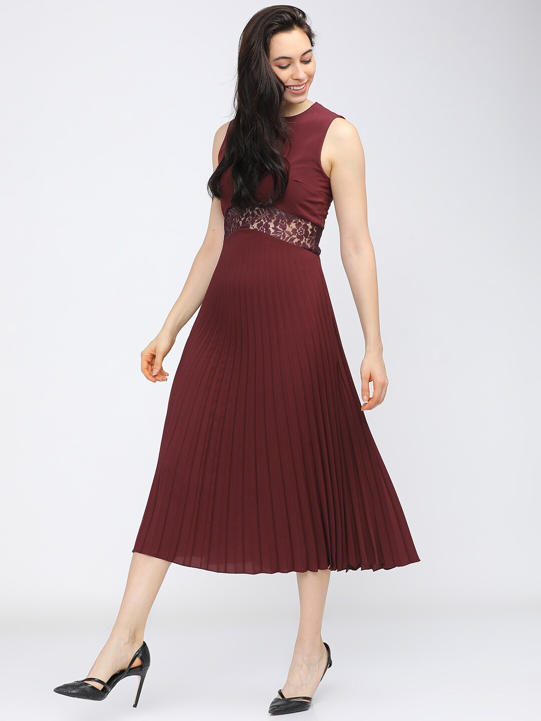 

Tokyo Talkies Maroon Striped A-Line Midi Dress