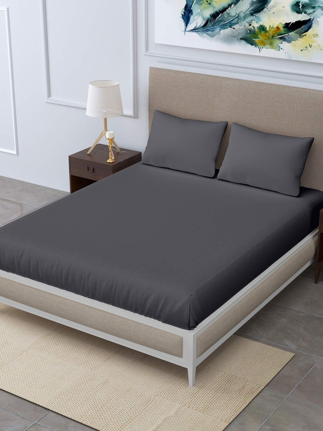 

LINENWALAS Happy Sleeping Charcoal 300 TC Queen Bedsheet with 2 Pillow Covers